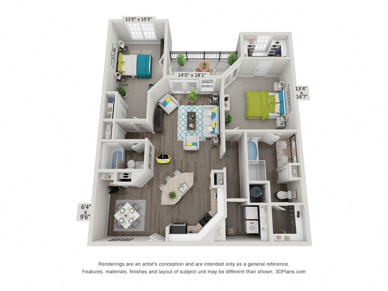 Floor plan for 2 beds, 2 baths, 1364 sqft